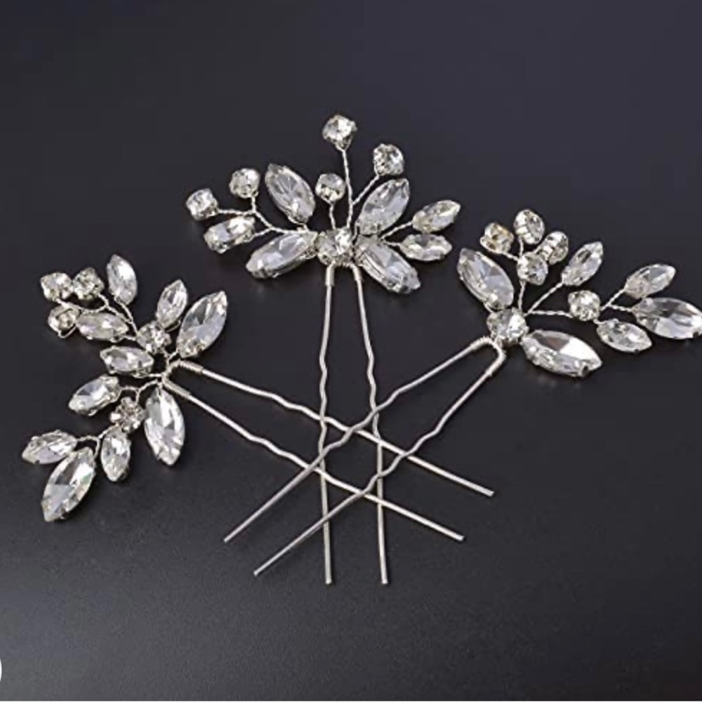 Bridal Hair Accessories, 3pcs Crystal Wedding Hair Pins, Rhinestone (Silver)